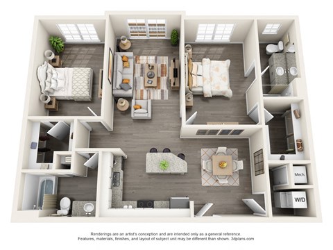 Floor plan for 2 beds, 2 baths, 1231 sqft